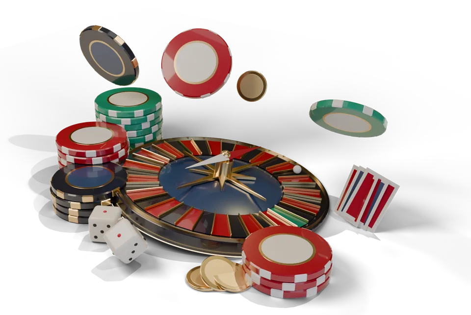 3D ruleta s ružicou kompasu, žetóny, kocky a hracie karty